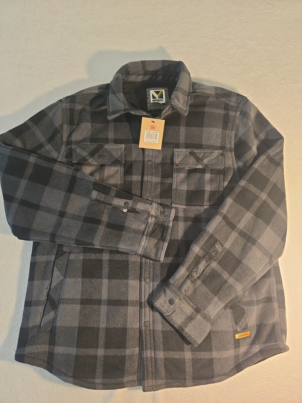Voyager Sherpa Lined Men's Flannel Fleece Shirt Jacket Black Gray Plaid Size M